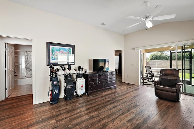 sitting room featuring ceiling fan, vaulted ceiling, and dark hardwood / wood-style floors