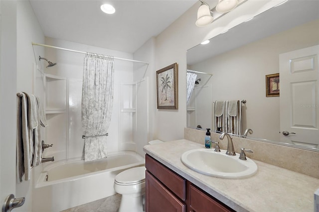 full bathroom featuring tile patterned flooring, toilet, vanity, and shower / tub combo with curtain