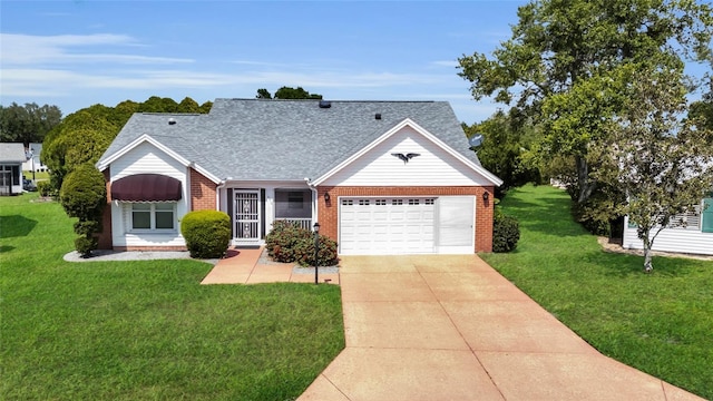 956 Chula Ct, The Villages, FL 32159 - view of front of property with brick siding, a front yard, driveway, and a garage