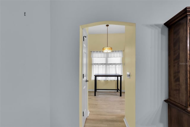 956 Chula Ct, The Villages, FL 32159 - hallway featuring baseboards, light wood finished floors, and arched walkways