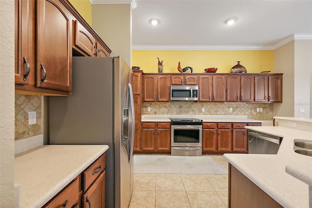 kitchen with stainless steel appliances, light tile patterned floors, decorative backsplash, and ornamental molding