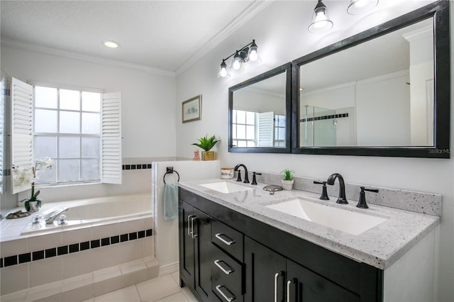 bathroom with vanity, tiled bath, tile patterned floors, and crown molding