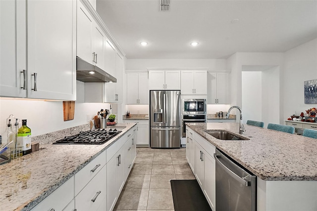 kitchen featuring white cabinetry, sink, a center island with sink, and stainless steel appliances