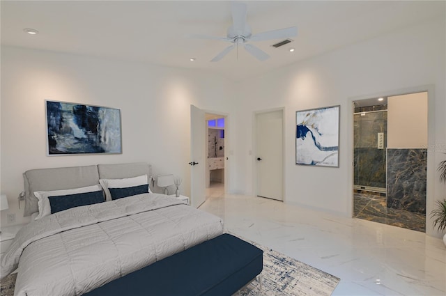 bedroom with ensuite bath and ceiling fan