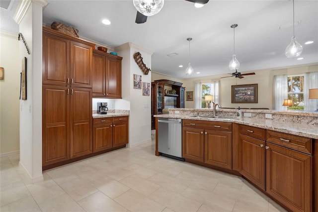 kitchen featuring sink, ceiling fan, stainless steel dishwasher, light stone countertops, and pendant lighting