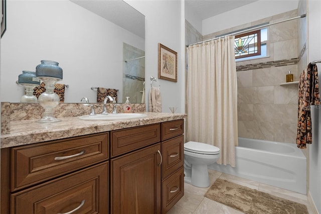 full bathroom with toilet, shower / bath combo, vanity, and tile patterned flooring