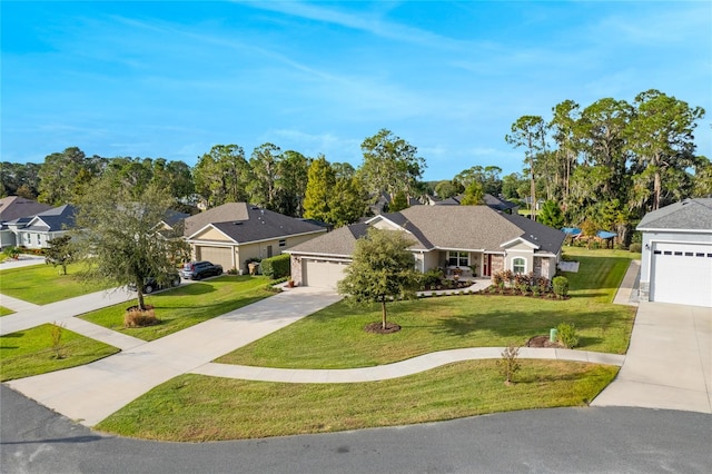 single story home featuring a front yard and a garage