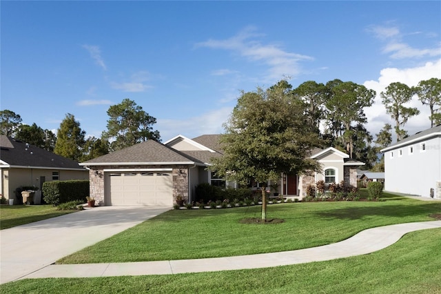 single story home with a garage and a front yard