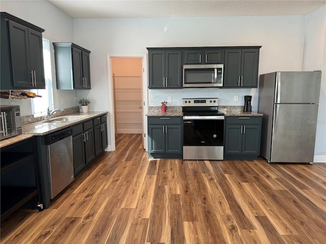 kitchen with stainless steel appliances, dark hardwood / wood-style floors, and sink