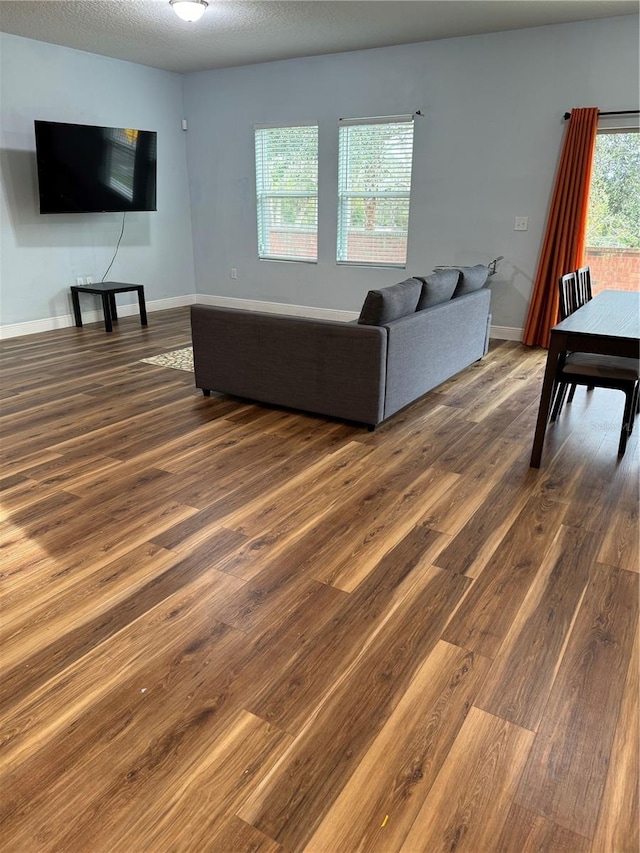 living room with dark hardwood / wood-style floors and a textured ceiling