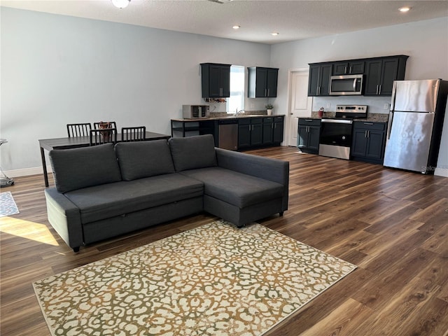 living room with a textured ceiling, dark hardwood / wood-style flooring, and sink