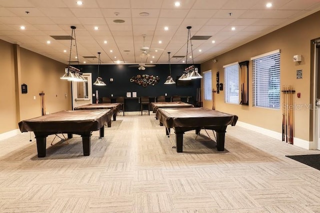 game room with light colored carpet and billiards