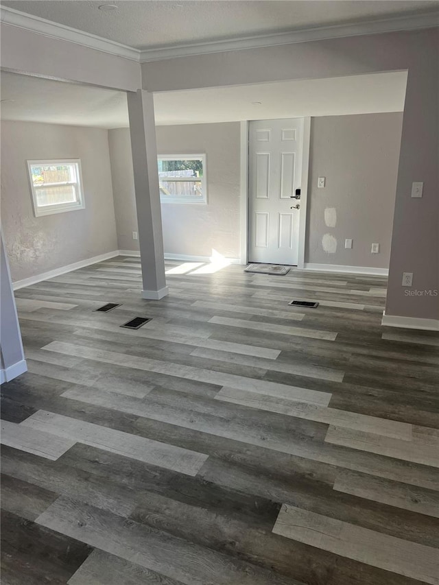 interior space with ornamental molding, a wealth of natural light, and dark wood-type flooring