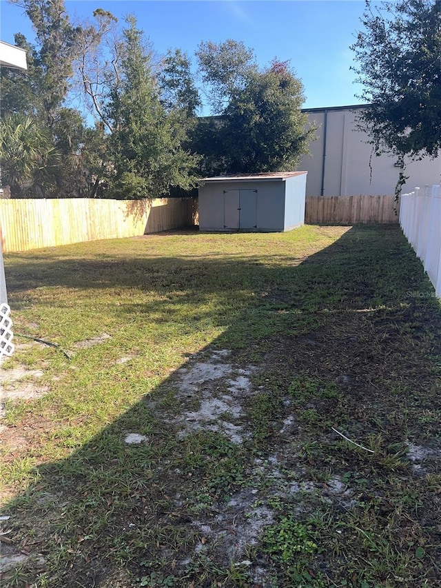 view of yard featuring a storage shed