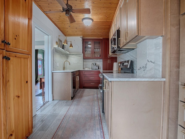 kitchen featuring wood-type flooring, tasteful backsplash, wooden ceiling, ceiling fan, and appliances with stainless steel finishes