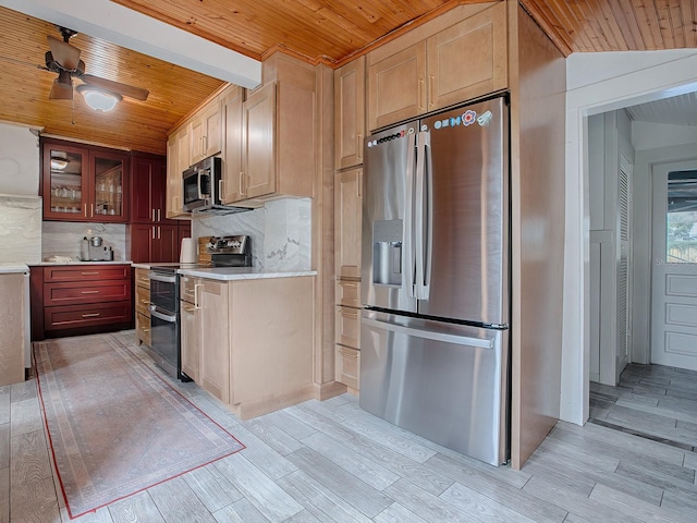 kitchen with light wood-type flooring, stainless steel appliances, vaulted ceiling, and wood ceiling