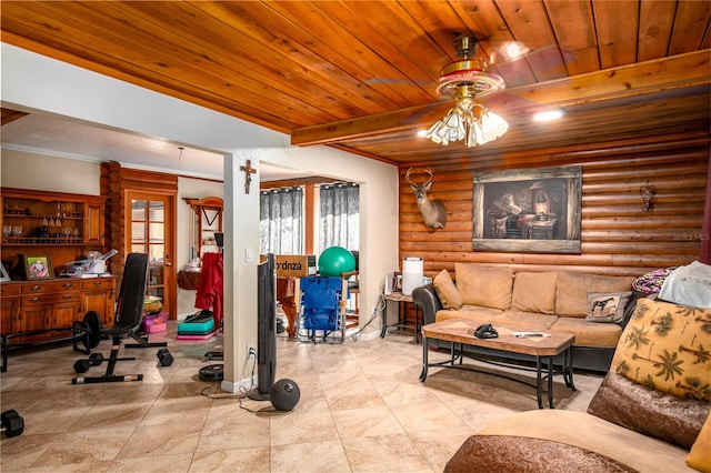 living room featuring wooden ceiling, ceiling fan, and log walls