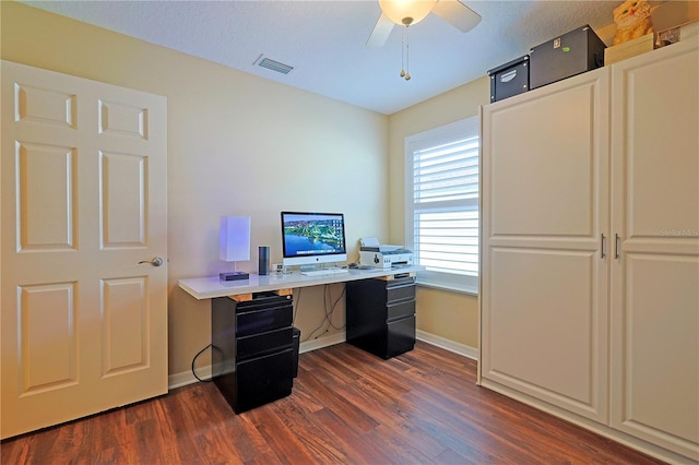 office with a textured ceiling, dark hardwood / wood-style floors, and ceiling fan