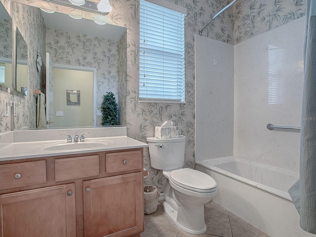 full bathroom with vanity, tub / shower combination, tile patterned flooring, and toilet