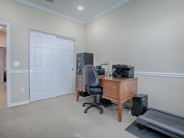 carpeted office space featuring crown molding