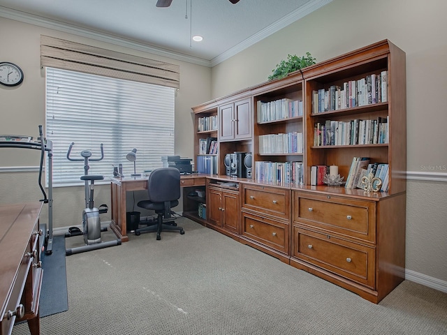 carpeted office space featuring ceiling fan and ornamental molding