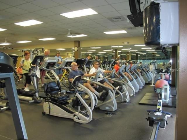 exercise room featuring a paneled ceiling