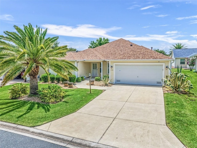 ranch-style home with a garage and a front lawn