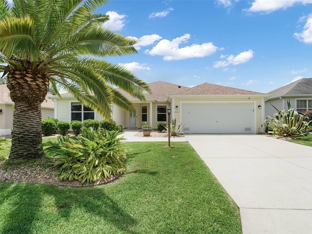 view of front of property with a front lawn and a garage