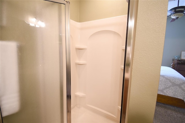 bathroom featuring a shower with shower door