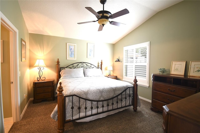 carpeted bedroom featuring ceiling fan and lofted ceiling