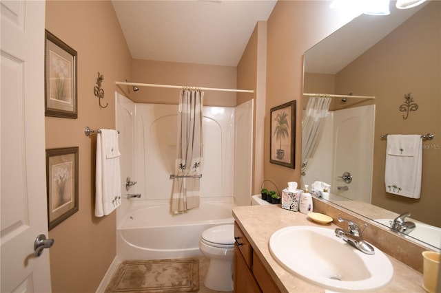 full bathroom with vanity, toilet, and shower / tub combo with curtain