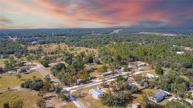 aerial view at dusk featuring a view of trees