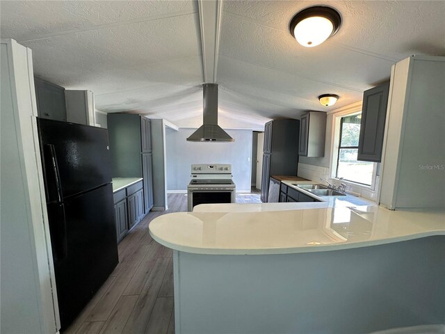 kitchen featuring a peninsula, white electric stove, island range hood, and freestanding refrigerator