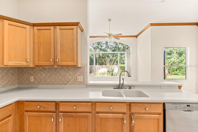 kitchen with ceiling fan, sink, dishwasher, and tasteful backsplash