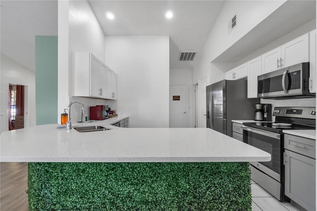 kitchen featuring appliances with stainless steel finishes, white cabinetry, sink, kitchen peninsula, and lofted ceiling