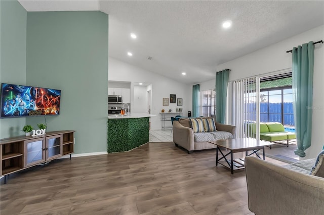 living room with sink, hardwood / wood-style flooring, a textured ceiling, and vaulted ceiling