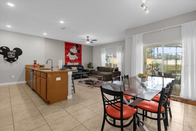 dining space featuring recessed lighting, ceiling fan, baseboards, and light tile patterned floors