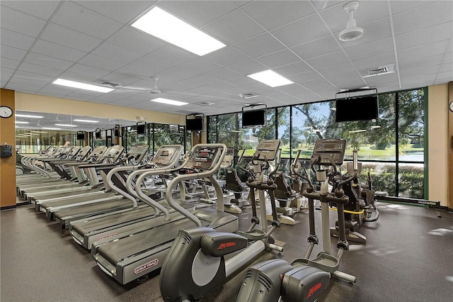 gym featuring a paneled ceiling and floor to ceiling windows