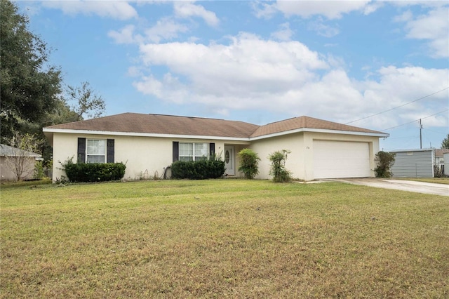 single story home with a front lawn and a garage