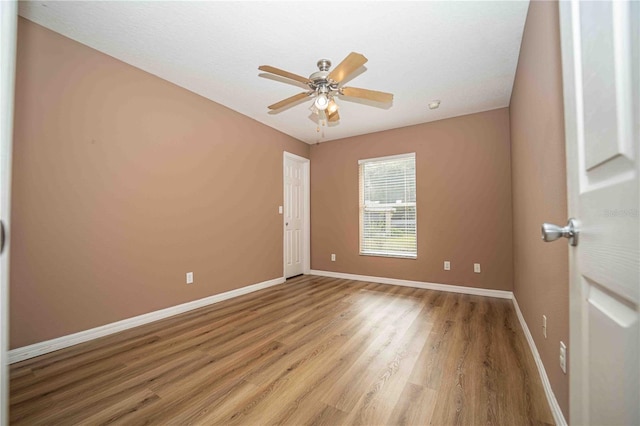 spare room with ceiling fan and light hardwood / wood-style flooring