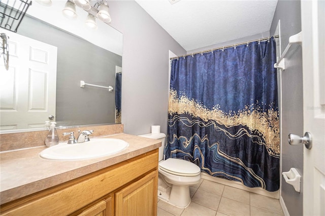 bathroom featuring toilet, tile patterned floors, a textured ceiling, vanity, and a shower with shower curtain