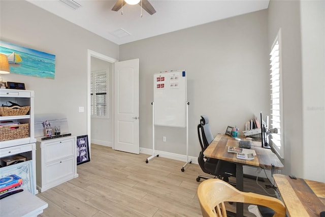 office featuring ceiling fan and light hardwood / wood-style floors