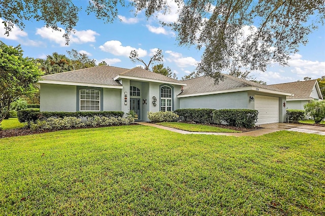 1720 Park Forest Blvd, Mount Dora, FL 32757 - ranch-style house with stucco siding, an attached garage, a front yard, concrete driveway, and a shingled roof