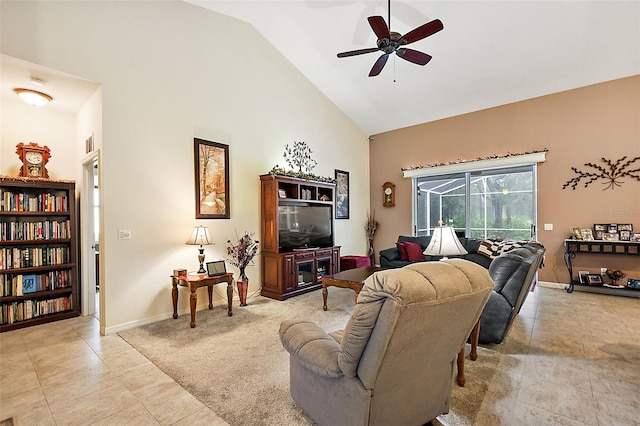 tiled living room featuring high vaulted ceiling and ceiling fan