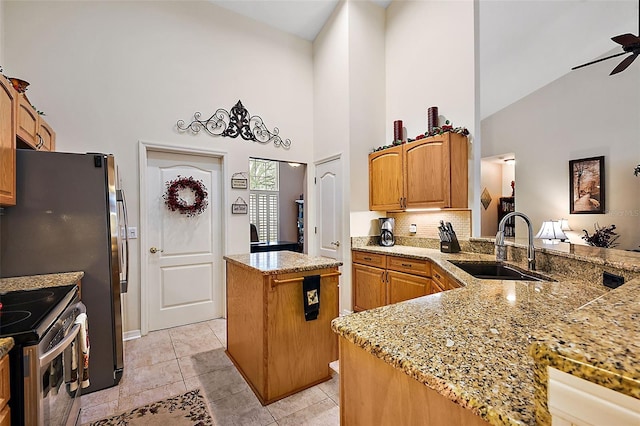 kitchen featuring stainless steel electric range, a kitchen island, high vaulted ceiling, sink, and kitchen peninsula