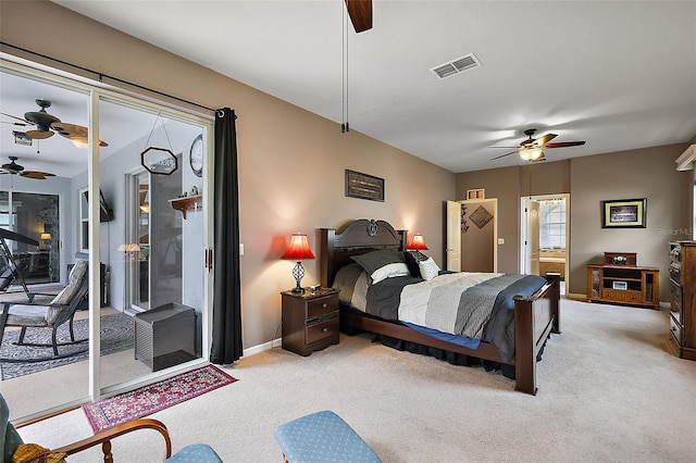 1720 Park Forest Blvd, Mount Dora, FL 32757 - bedroom featuring light colored carpet, access to exterior, and a ceiling fan