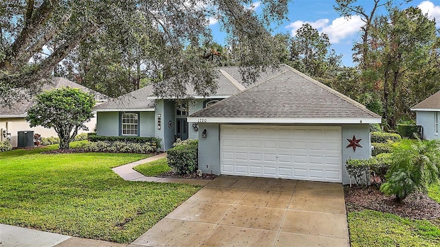1720 Park Forest Blvd, Mount Dora, FL 32757 - ranch-style house featuring stucco siding, roof with shingles, a front lawn, and central AC unit