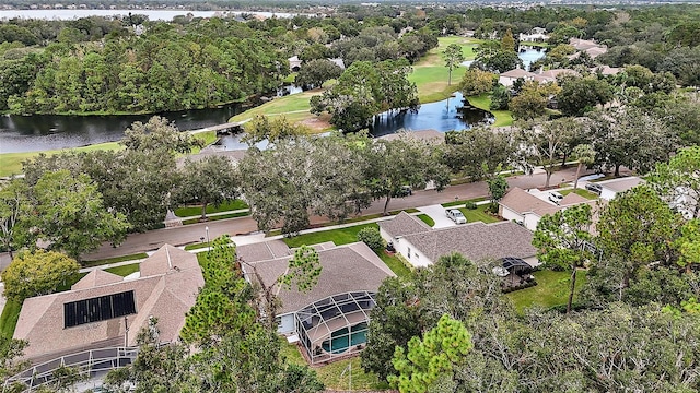 aerial view featuring a water view