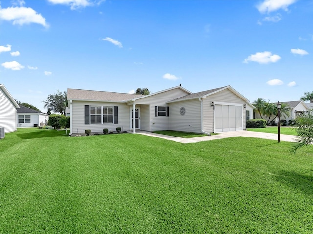 ranch-style home with central AC, a front lawn, and a garage