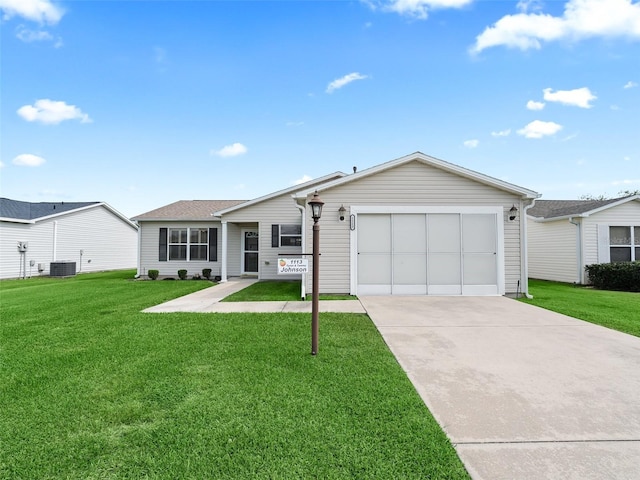 ranch-style house with central AC, a front lawn, and a garage